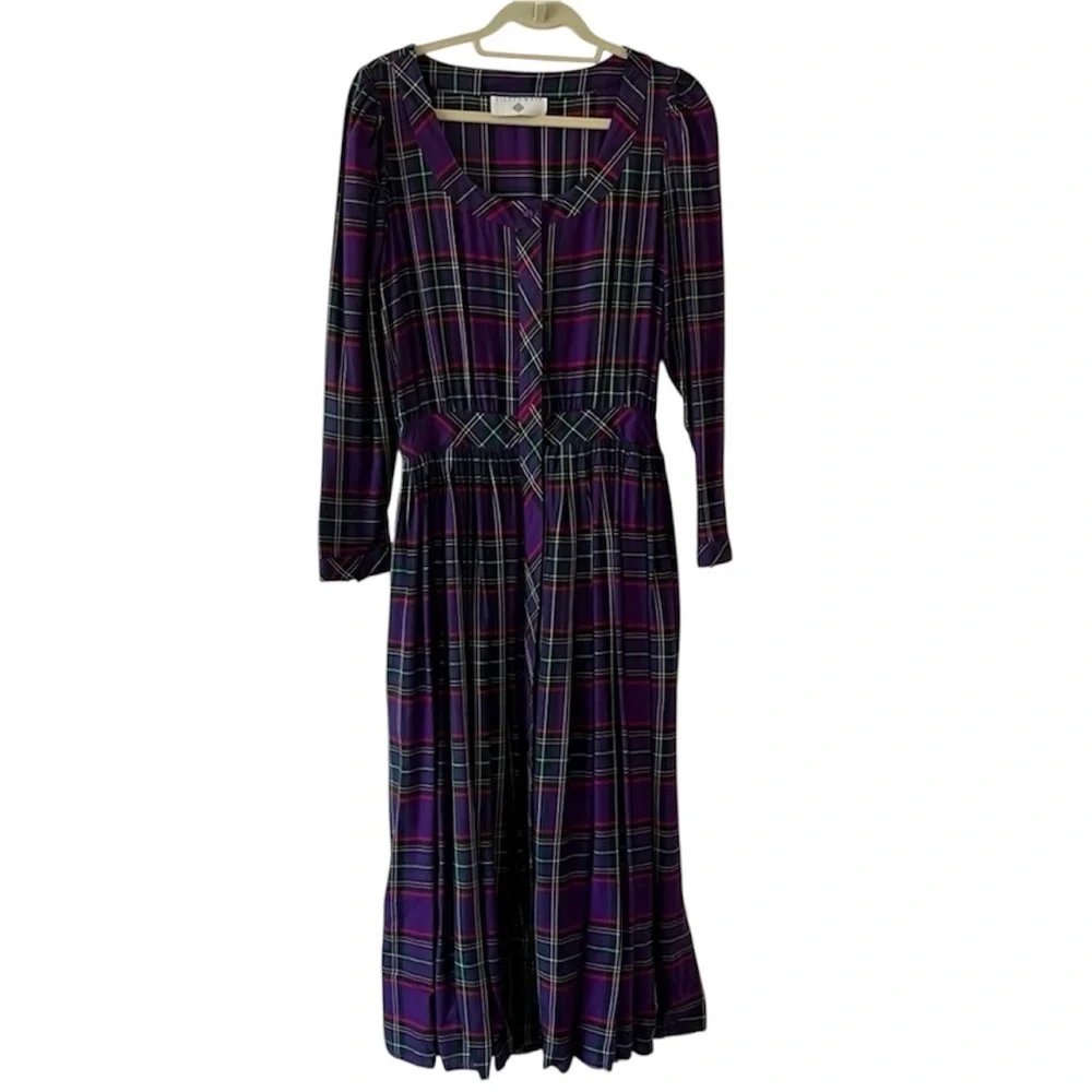 Vintage 80s Eileen West Purple Tartan Plaid Pleated Maxi Dress NWOT Small - Picture 5 of 16